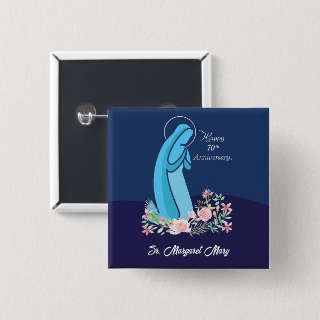 70th Anniversary of Religious Life Nun Pink Flower 2 Inch Square Button (Front & Back)