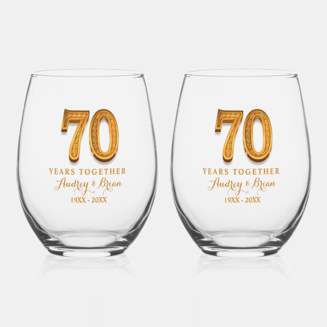 70th Anniversary Personalized Stemless Wine Glass (Front)