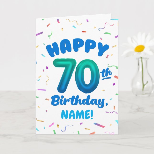 70th Balloon Number Custom Name Birthday Card (Small Plant)
