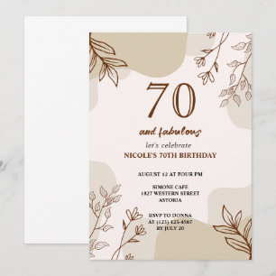 70th beige brown floral birthday invitation 