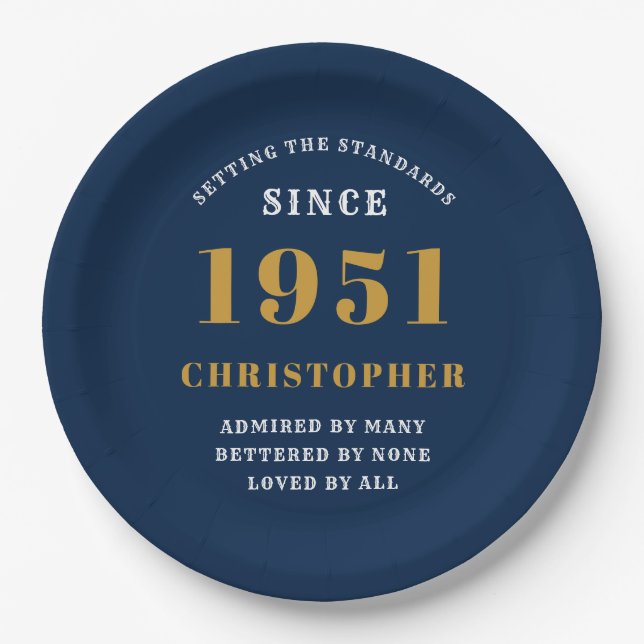 70th Birthday 1951 Blue Gold Love Personalized Paper Plate (Front)
