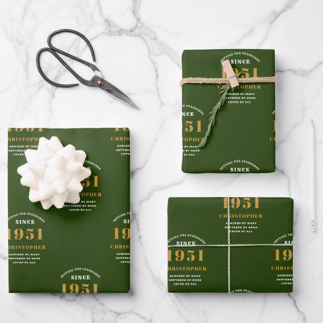 70th Birthday 1951 Green Gold For Him Personalized Wrapping Paper Sheet (Front)