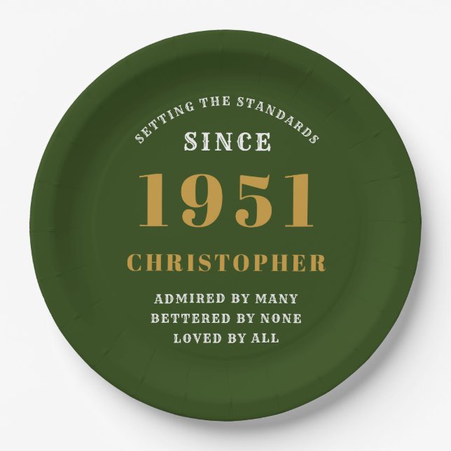 70th Birthday 1951 Green Gold Love Personalized Paper Plate (Front)