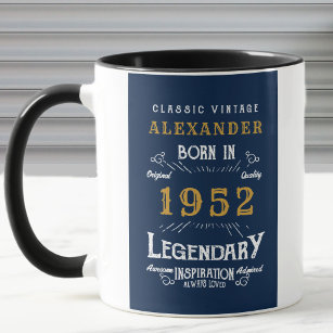 70th Birthday 1952 Add Name Vintage Blue Gold Mug