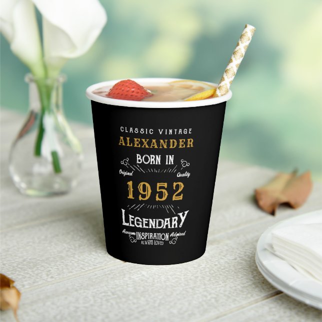 70th Birthday 1952 Black Gold Add Name Retro Paper Cups (Insitu)