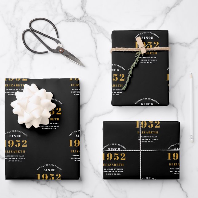 70th Birthday 1952 Black Gold Chic Elegant Wrapping Paper Sheet (Front)