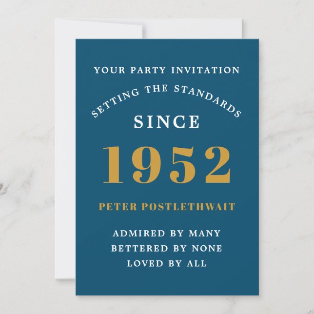 70th Birthday 1952 Blue Gold Elegant Chic Invitation (Front)