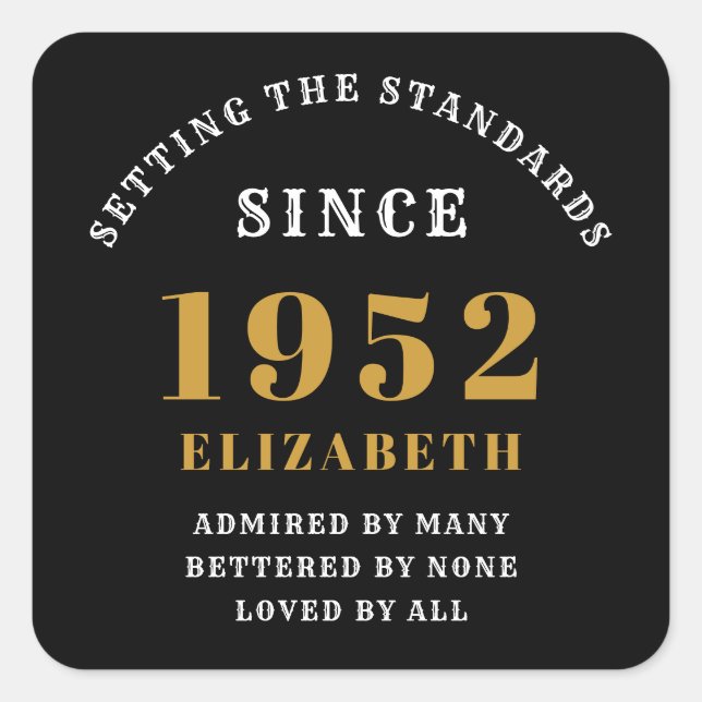 70th Birthday 1952 Elegant Black Gold Chic Square Sticker (Front)