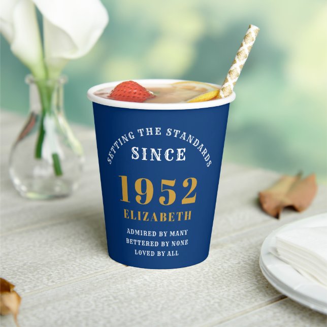 70th Birthday 1952 Elegant Blue Gold Chic Paper Cups (Insitu)