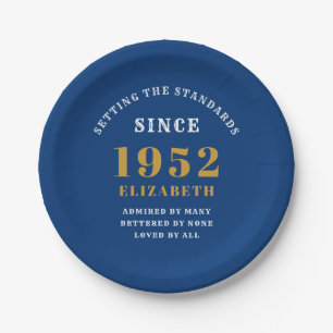 70th Birthday 1952 Elegant Chic Gold Blue Paper Plate
