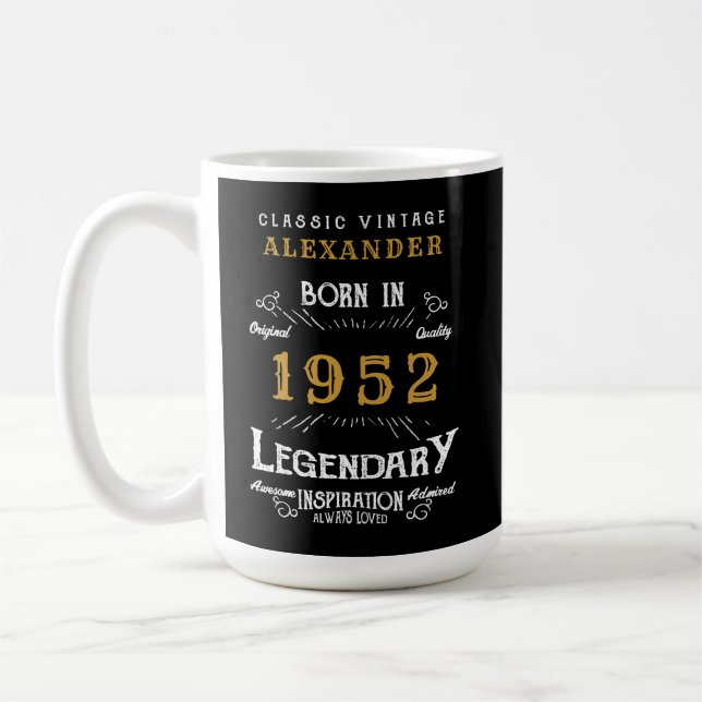 70th Birthday 1952 Name Legendary Black Gold Large Coffee Mug (Left)