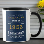 70th Birthday 1953 Add Name Vintage Blue Gold Mug<br><div class="desc">A personalized classic mug design for that birthday celebration. Add the name to this vintage retro style blue, white and gold design for a custom birthday gift. Easily edit the name and year with the template provided. A wonderful custom birthday gift. More gifts and party supplies for that party celebration...</div>