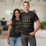 70th Birthday 1954 Add Name Black Gold Party T-Shirt<br><div class="desc">Custom 70th Birthday Guest of Honour Black and Gold T-Shirt – Born 1954 Edition. Celebrate your milestone birthday in style with our Custom 70th Birthday Guest of Honour t-shirt. Our black and gold tee is the perfect statement piece for this special occasion. With a design that proudly features '1954', wear...</div>