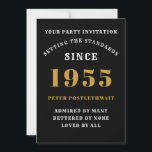 70th Birthday 1955 Black Gold Personalized For Him Invitation<br><div class="desc">For those born in 1955 and celebrating their 70th birthday party we have the ideal birthday invitation card. The black background with a white and gold design is simple and yet elegant. Easily customize the text to the front and the rear of this birthday invitation card using the template provided....</div>