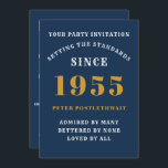 70th Birthday 1955 Blue Gold Personalized For Him Invitation<br><div class="desc">For those born in 1955 and celebrating their 70th birthday party we have the ideal birthday invitation card. The blue background with a white and gold design is simple and yet elegant. Easily customize the text to the front and the rear of this birthday invitation card using the template provided....</div>