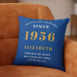 70th Birthday 1956 Add Name Blue Gold Personalized Throw Pillow<br><div class="desc">Celebrate a remarkable milestone with this elegant and modern Personalized 70th Birthday Throw Pillow, the perfect gift for someone born in 1956 This custom accent pillow features the striking, bold text "BORN 1956", for that person loved for 70 years (and counting)" and allows you to add a custom name (e.g.,...</div>