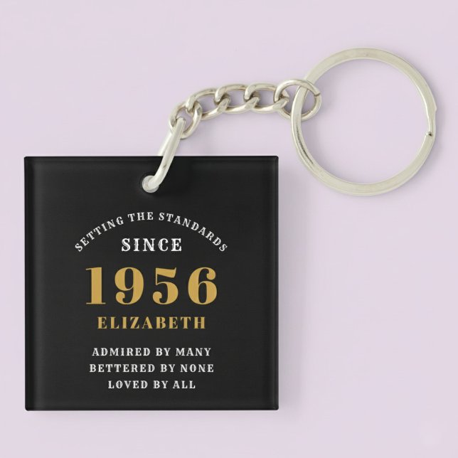 70th Birthday 1956 Black Gold For Her Personalized Keychain (Born 1956 birthday keychain. Pastel background.)