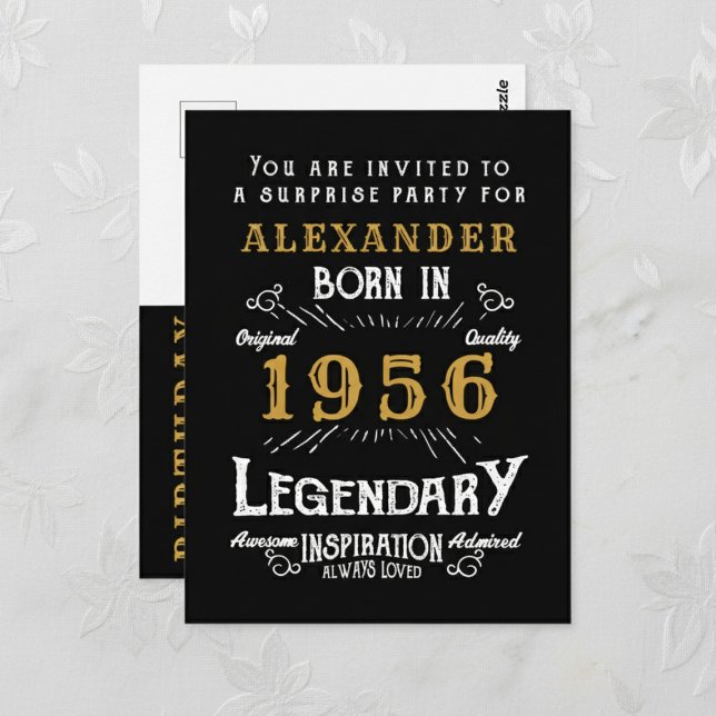 70th Birthday 1956 Black Gold Legend Invitation (1956 birthday invitation postcard. Background white lace.)