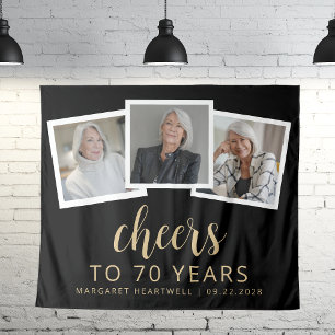 70th Birthday 3-Photo Gold Script Cheers Black Tapestry