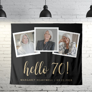 70th Birthday 3-Photo Gold Script Cheers Black Tapestry