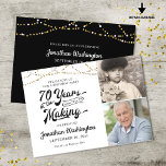 70th Birthday 70 YEARS IN THE MAKING Black Gold Invitation<br><div class="desc">Invite guests to a birthday party 70 YEARS IN THE MAKING with these fun black and gold invitations featuring a retro typography title design, string lights and personalized with 2 photos (perhaps use Then and Now pictures for a memorable keepsake). PHOTO TIP: For fastest/best results, choose a photo with the...</div>