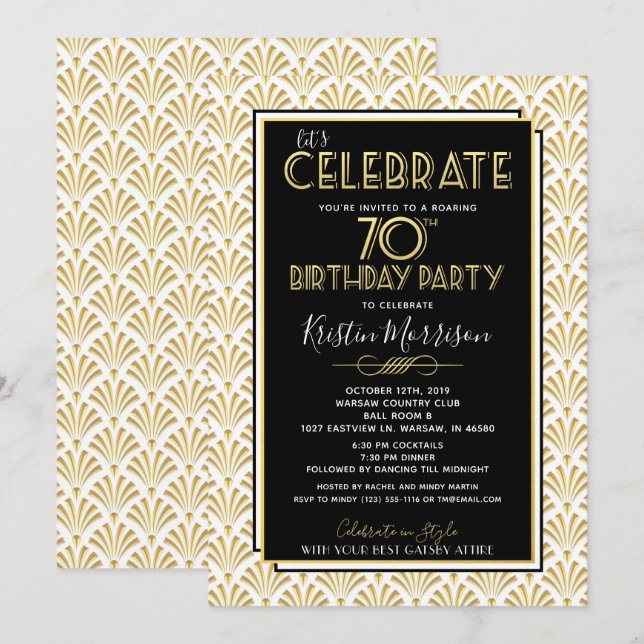 70th Birthday Art Deco Gatsby Roaring 20s Birthday Invitation (Front/Back)