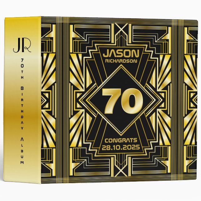 70th Birthday Art Deco Gold Black Great Gatsby Binder (Front/Spine)