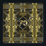 70th Birthday Art Deco Gold Black Great Gatsby Square Wall Clock<br><div class="desc">Celebrate your milestone birthday in style with this unique Art Deco-style,  Great Gatsby-inspired design featuring geometric shapes in bright gold over black background. An elegant,  classy,  gender neutral look perfect for commemorating that special birthday with the jazz-infused taste of the Roaring Twenties.</div>