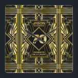70th Birthday Art Deco Gold Black Great Gatsby Square Wall Clock<br><div class="desc">Celebrate your milestone birthday in style with this unique Art Deco-style,  Great Gatsby-inspired design featuring geometric shapes in bright gold over black background. An elegant,  classy,  gender neutral look perfect for commemorating that special birthday with the jazz-infused taste of the Roaring Twenties.</div>