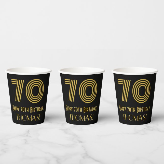 70th Birthday: Art Deco Inspired Look “70” & Name Paper Cups (Multi)