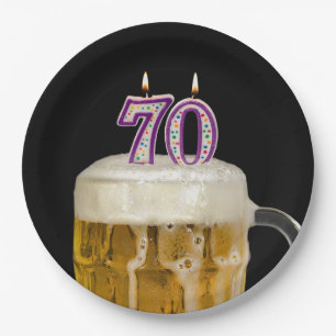 70th Birthday Beer on black Paper Plate