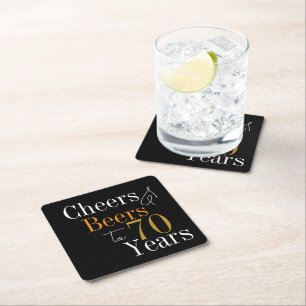 70th Birthday Beers and Cheers Black Gold Party Square Paper Coaster