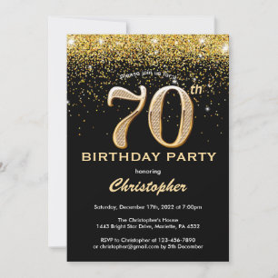 70th Birthday Black and Gold Glitter Confetti Invitation