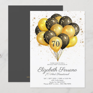 70th Birthday Black And Gold Glitter Invitation