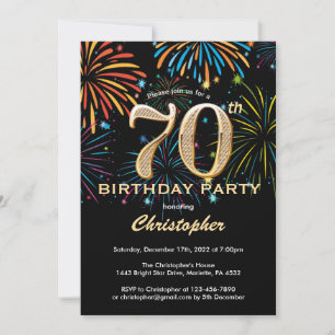 70th Birthday Black and Gold Rainbow Fireworks Invitation
