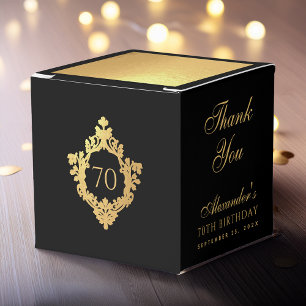 70th Birthday Black Faux Gold Foil Crest Thank You Favor Box