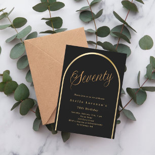 70th birthday black gold arch elegant script invitation