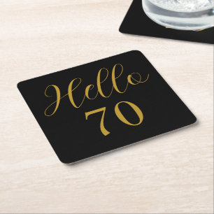 70th Birthday Black Gold Birthday Party Square Paper Coaster