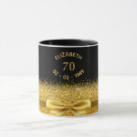 70th birthday black gold bow name  mug<br><div class="desc">Elegant,  classic,  glamourous and feminine.  A faux gold coloured bow and ribbon. Black background. Templates for her name,  age 70 and date of birth.  Curved text and golden letters</div>