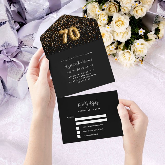 70th birthday black gold confetti rsvp all in one invitation (Creator Uploaded)