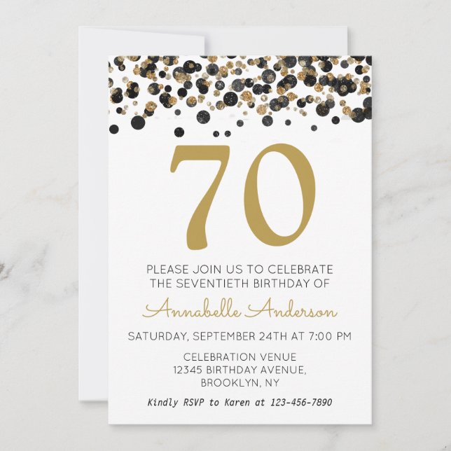 70th Birthday Black Gold Glitter Sparkle Confetti Invitation (Front)