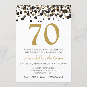 70th Birthday Black Gold Glitter Sparkle Confetti Invitation