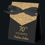 70th Birthday Black Gold Glitter Thank You Favor Box<br><div class="desc">This fabulous modern 70th Birthday Black Gold Glitter Thank You favour box with sparkling gold glitter, the birthday girl's name in a trendy script font, and tied with an elegant black bow would be perfect for your event. It would be great for a candy station, on a thank you gift...</div>