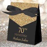 70th Birthday Black Gold Glitter Thank You Favor Box<br><div class="desc">This fabulous modern 70th Birthday Black Gold Glitter Thank You favour box with sparkling gold glitter, the birthday girl's name in a trendy script font, and tied with an elegant black bow would be perfect for your event. It would be great for a candy station, on a thank you gift...</div>