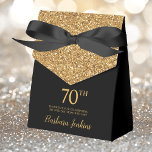 70th Birthday Black Gold Glitter Thank You Favor Box<br><div class="desc">This fabulous modern 70th Birthday Black Gold Glitter Thank You favour box with sparkling gold glitter, the birthday girl's name in a trendy script font, and tied with an elegant black bow would be perfect for your event. It would be great for a candy station, on a thank you gift...</div>