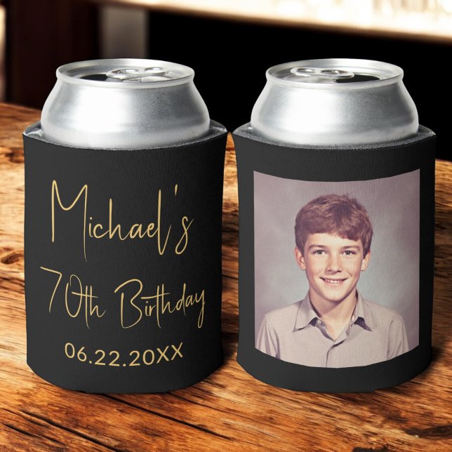 70th Birthday Black Gold Instagram Photo Can Cooler (Creator Uploaded)