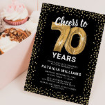 70th Birthday Black Gold Invitation<br><div class="desc">Elegant seventieth birthday party invitation featuring a stylish black background that can be changed to any colour,  gold sparkly glitter,  seventy gold hellium balloons,  and a modern 70th birthday celebration text template that is easy to personalize.</div>