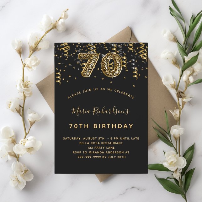 70th birthday black gold leopard invitation (Creator Uploaded)