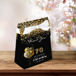 70th birthday black gold leopard thank you favor box<br><div class="desc">A black background,  decorated with balloons and confetti. Number 70 is written with a trendy balloon style font,  leopard pattern.  Personalize and add a name and a date. 70th birthday and Thank You written with a modern hand lettered style script.</div>