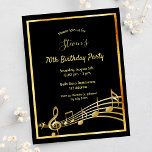 70th birthday black gold music notes invitation postcard<br><div class="desc">A trendy, modern 70th birthday party invitation card for both men and women. A classic black background, with faux gold frame and music notes, golden coloured letters. Templates for your party information. Back: white background. Tip: If you don't want it to look like a postcard, click customize, go to the...</div>
